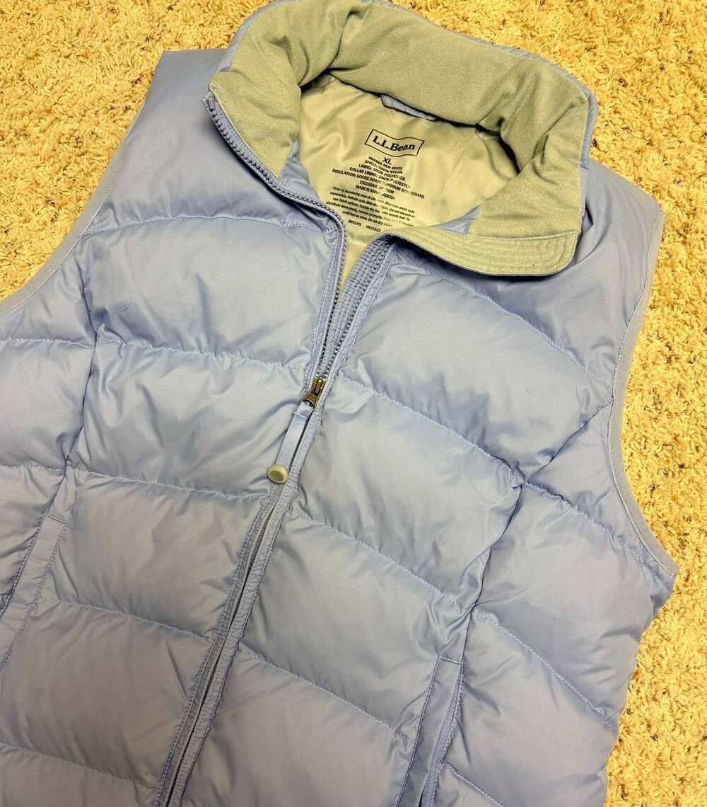 LL Bean Womens XL Goose Down Puffer Vest Light blue/purple Fleece Full Zip